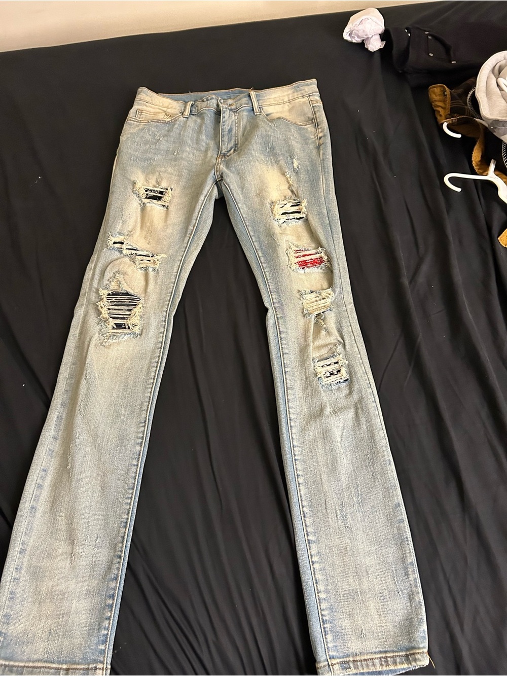 MNML Light Blue Distressed Slim Jeans with Patch Ac